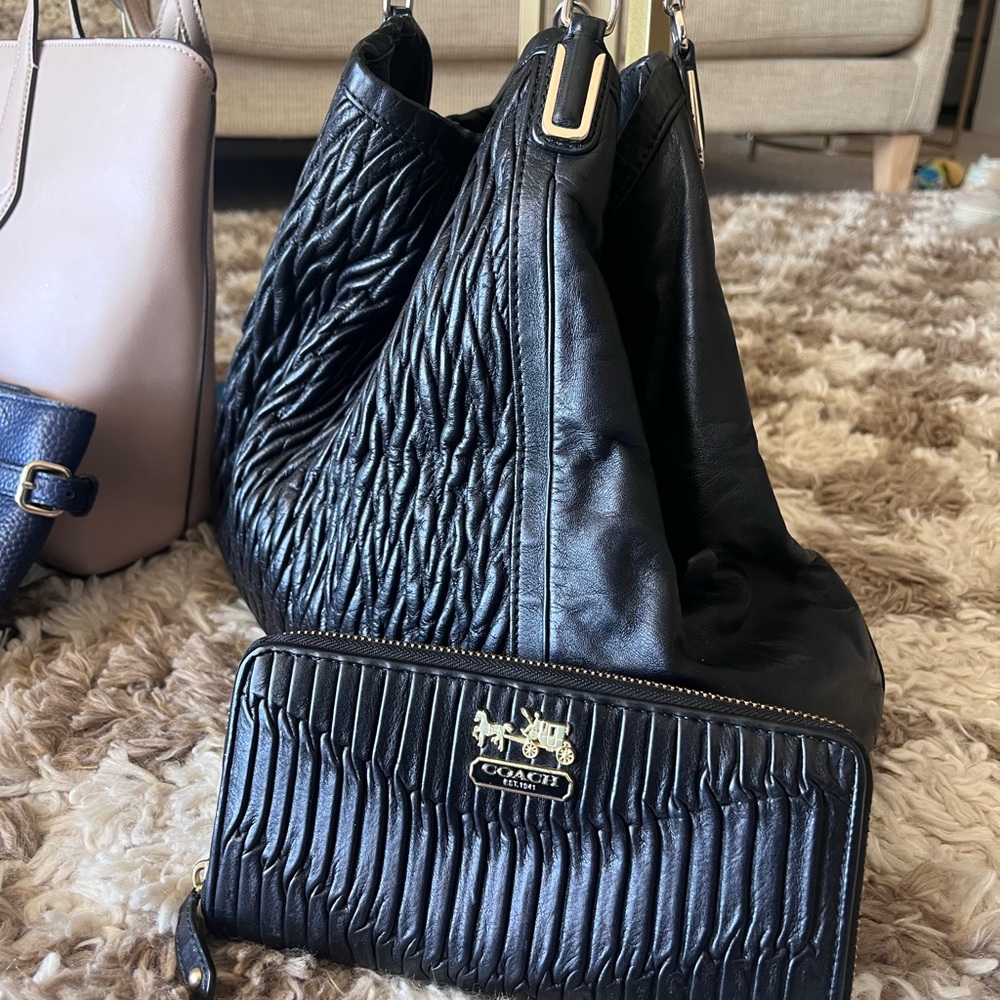 Coach Black Textured Leather Bag and Wallet Set